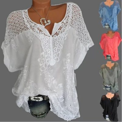 Kurzärmeliges T-Shirt mit besticktem V-Ausschnitt aus Spitze | LACEVEE